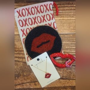 Lips charm necklace brooch & coaster set